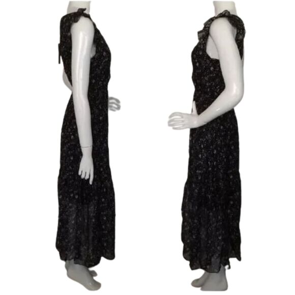 new LE RAGAZZE Maxi Dress, XS, Black, White/brown floral print, Ruffle shoulder - Picture 6 of 12